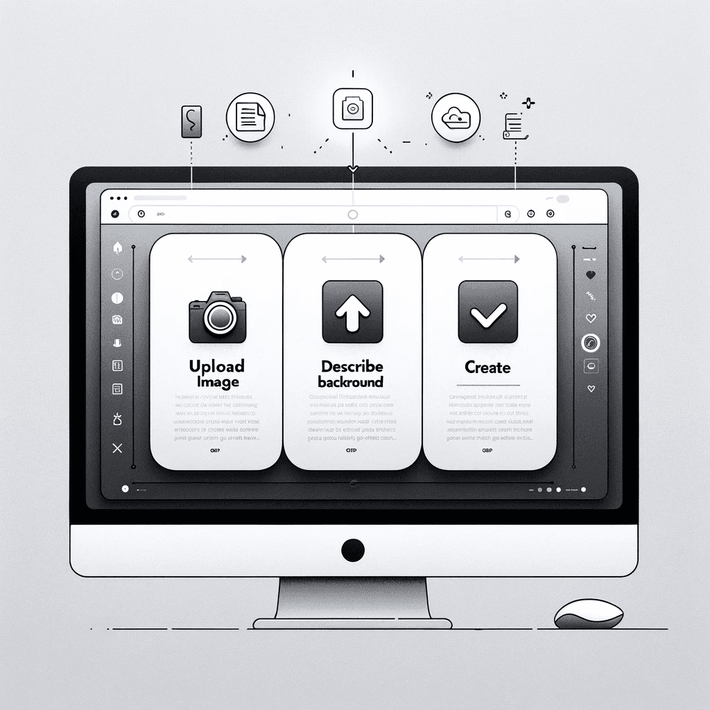 Minimalistic web interface with three steps: Upload Image, Describe Background, Create